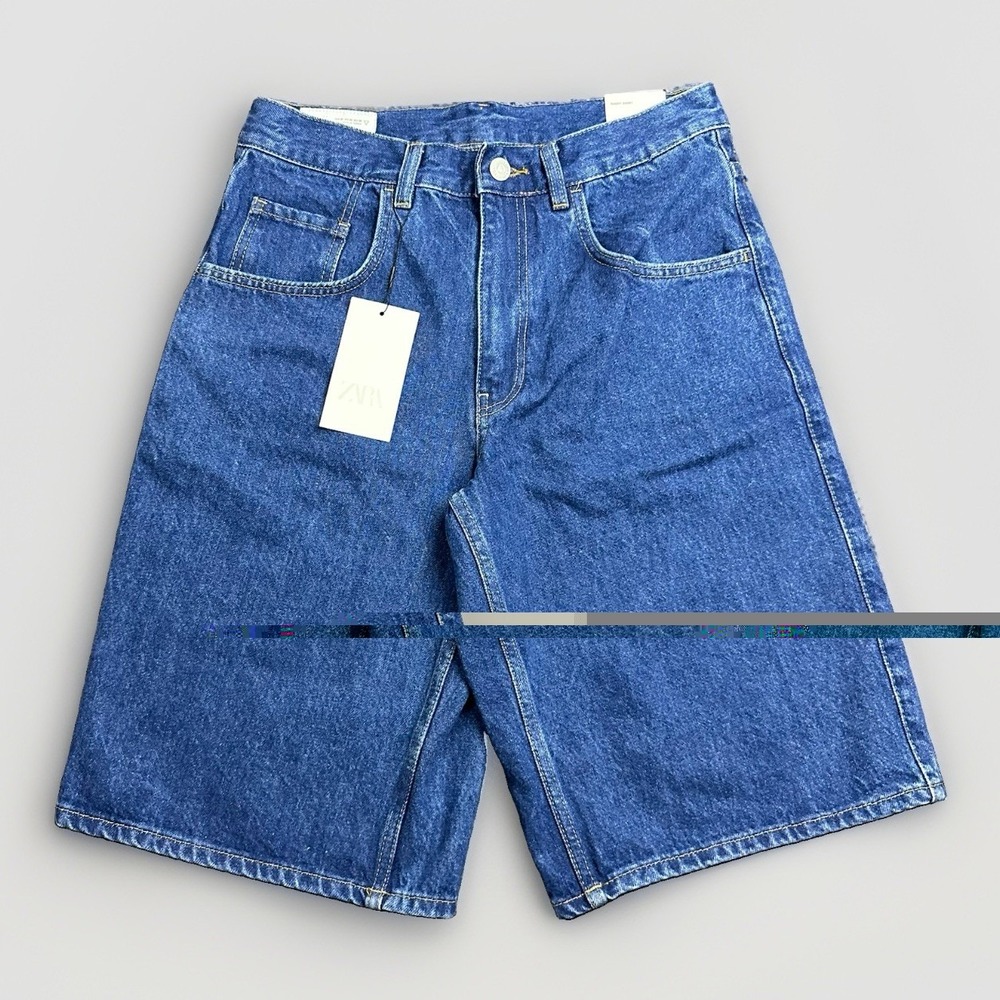 Zara Man Baggy Fit Denim Shorts Blue Washed Mens 30 Y2k Skater Jorts NEW